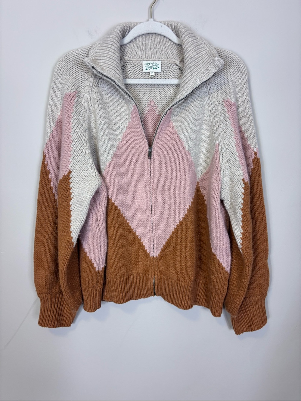 The Great Outdoors Pink, Brown & Grey Geometric Lambwool Zip Sweater XL